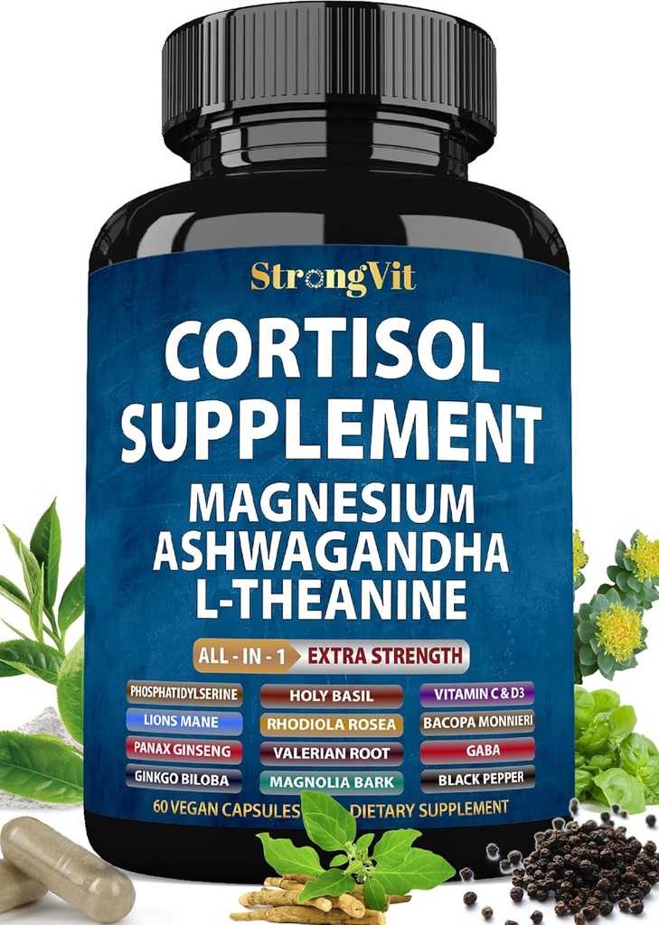 Kortizol dopolnila za ženske z magnezijem, Ashwagandha & L-Theanine. Upravljalnik kortizola, reduktor, detox, spodnji in kontrolni sistem (število 59)