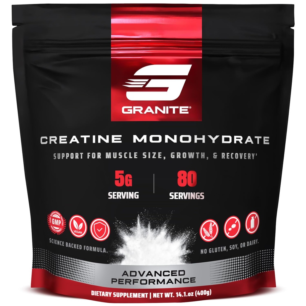 Granit Kreatin Monohidrat, Podpira moč, vzdržljivost, in okrevanje mišic, Kreatin za moške in ženske, Soy-free, Dairy-free, Gluten-free (80 Servings)