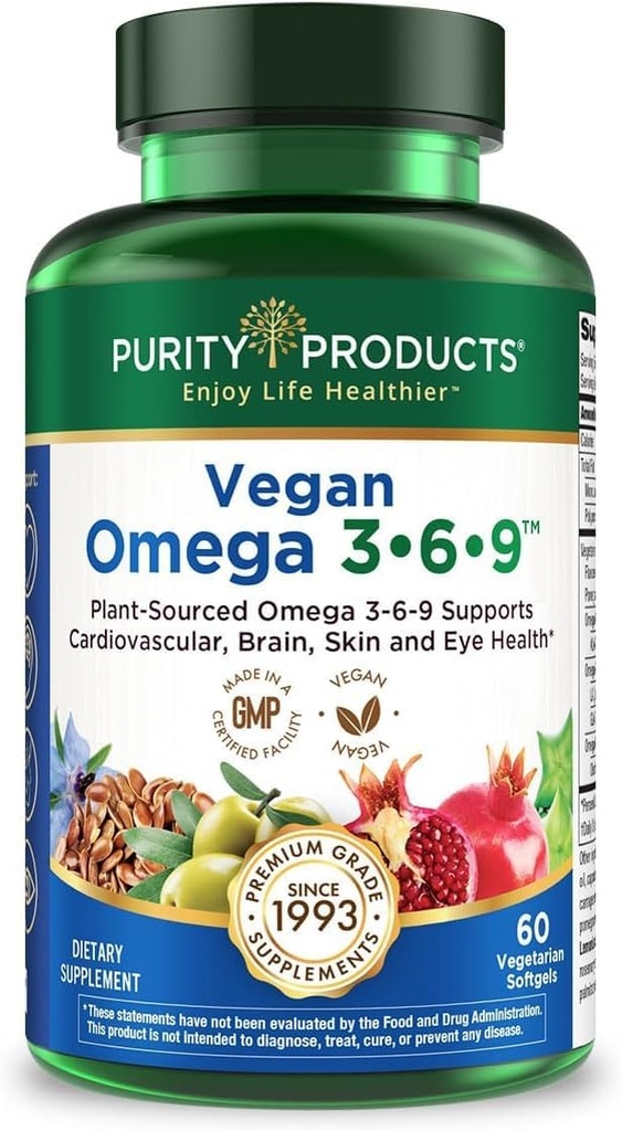 Izdelki čistosti Omega 3-6-9 Veganska in Vegetarian Formula - "5 v 1" Kompleks eteričnih maščobnih kislin - znanstveno oblikovano rastlinsko bazirano Omega 3 6 9 Essential Maščobne kisline (EFA) - iz (60)