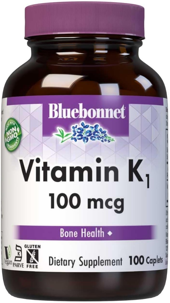 Bluebonnet Vitamin K1 100 mcg Podpira zdravje kosti - Phyllokinon Crystalline Vitamin K Dodatek - Non-GMO, Kosher Certified, Gluten-free, Dairy-free - 100 Veganski Caplets