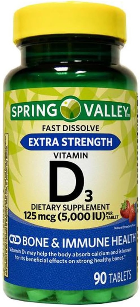 Ekstra jakost Vitamin D3 hitro raztopi tablete prehransko dopolnilo, 125 Mcg (5.000 i.e.), jagodni okus, 90