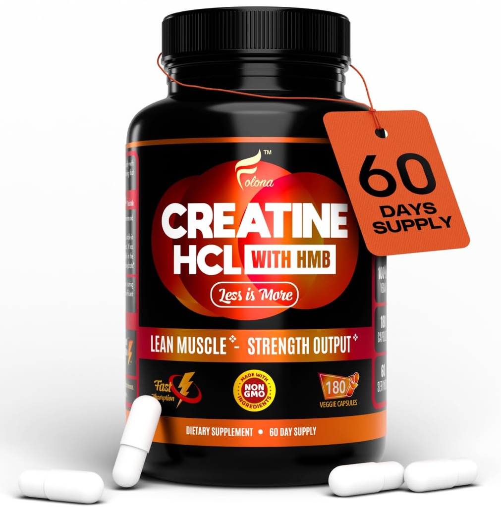 Kreatin HCL kapsule s HMB - vadbeni dodatek za moške in ženske, mišice graditelj, vzdržljivost, moč, superior do monohidrat: instant za Max Absorpcija, brez obremenitve, brez Bloat, 180 Veganske kapsule