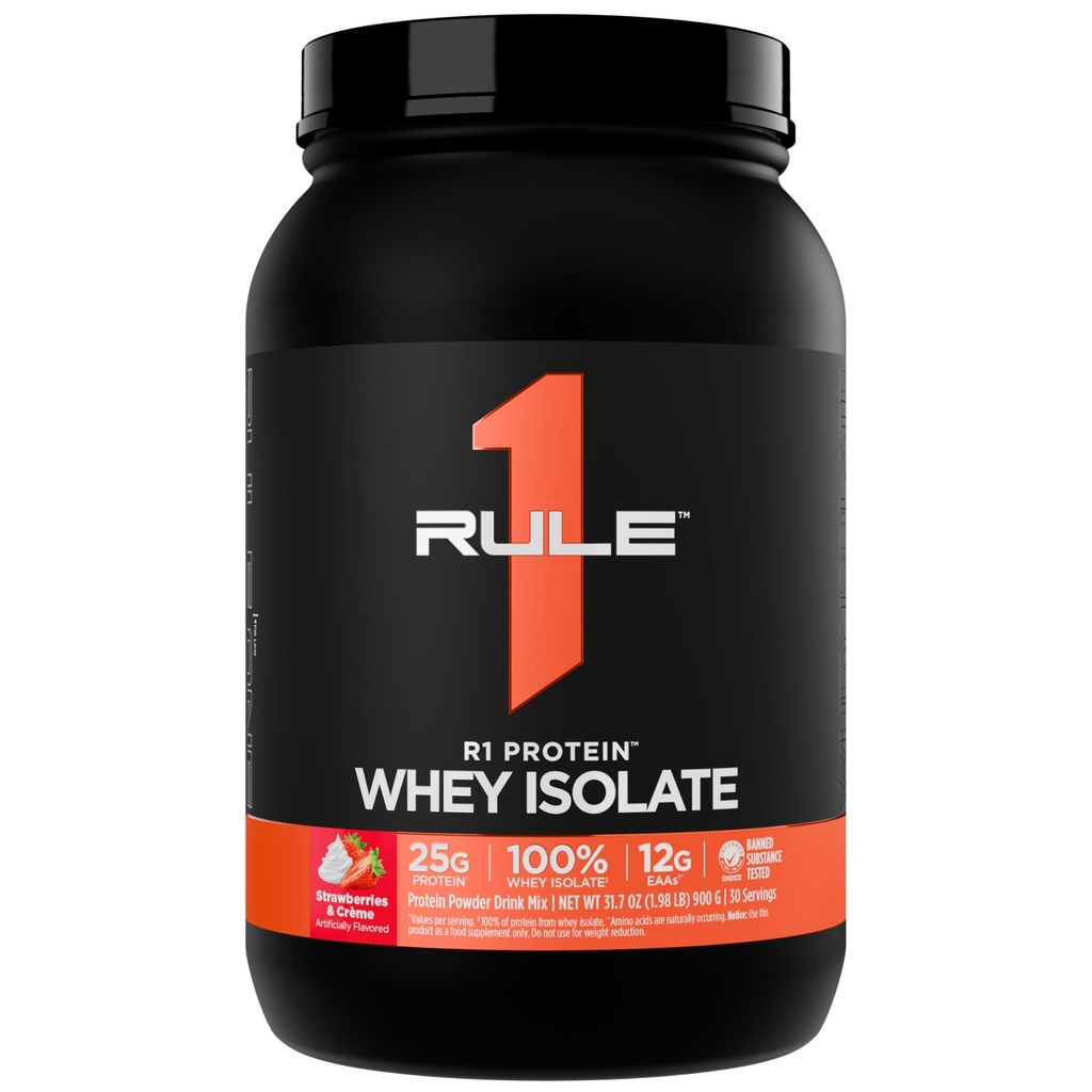 Pravilo 1 R1 beljakovine Izolat sirotke - s 25 g beljakovin in 6 g BCAA izključno iz izoliranih in hidroliziranih virov za regeneracijo vadbe (2 funta*, jagode in crème)