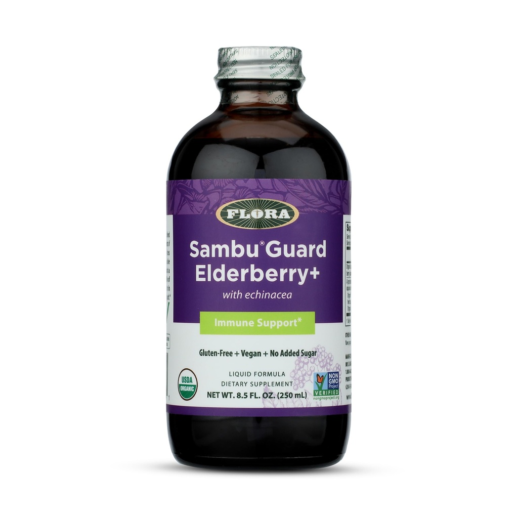 Flora Organic Black Elderberry Syrup + 8.5oz - Immune Booster with Echinacea, za otroke in odrasle, brez dodanega sladkorja, Gluten Free, Vegan, SambuGuard