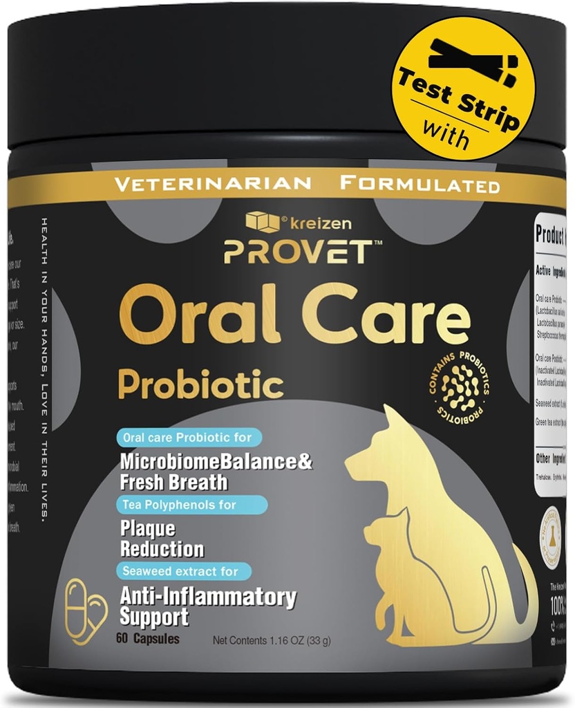 Peroralni probiotik za pse – Advanced Dental Health Supplement with probiotics, Seaweed Green Tea Extract – Podpira Gum zdravje, zmanjšuje Plaque & Bad Breath – 60 kapsul in 2 periodontalni testni trakovi