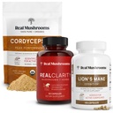 Real Gobe RealClarity (60ct) & Lions Mane (120ct) Kapsule w/Cordyceps Powder Bundele - Gobe Dodatek za mentalno jasnost, Fokus, Kognition, Energy & Vitality - Vegan, Non-GMO