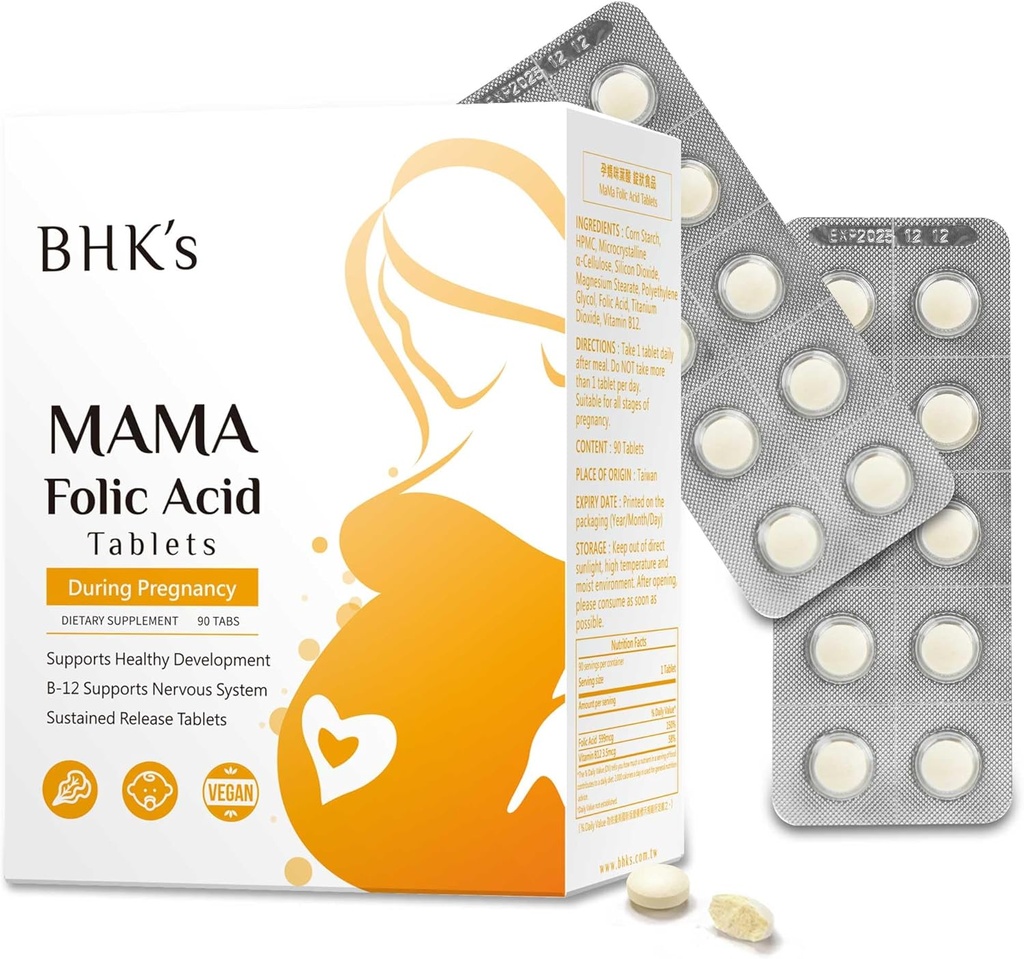 BHK Folna kislina, preden med nosečnostjo, Podpora razvoj Baby živčni sistem, Bistveni vitamini za mamo & otroka, 90 tablet