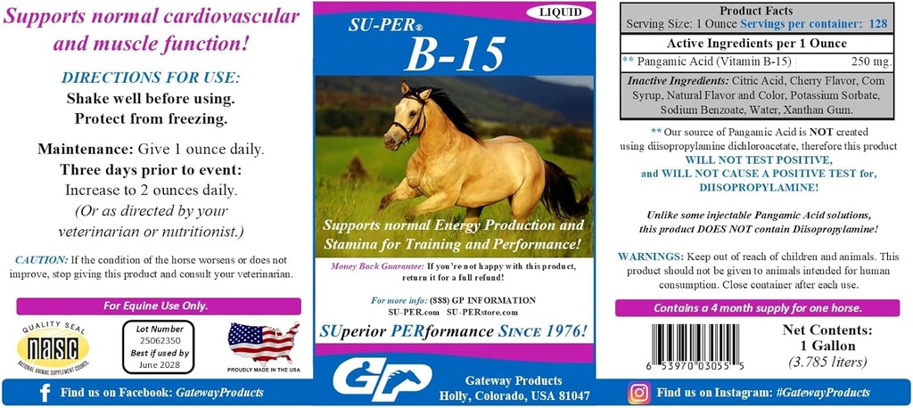 SU-PER B-15 Vitaminski dodatek za konje - Equine Vitamin B-15 Tekočina za podporo učinkovitosti - Podpira normalno delovanje kardiovaskularnega imunskega sistema in mišic - 1 Galon + črpalka, 4 mesec dobave