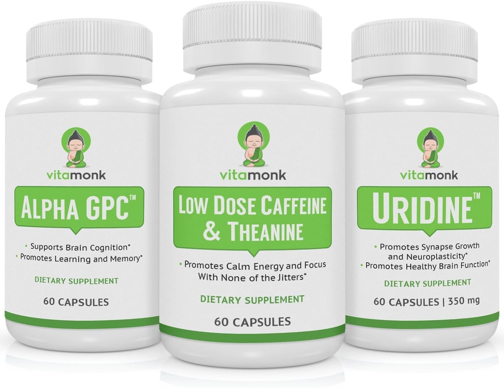 VitaMonk Brain Boost Bundle - Alfa GPC, Uridin, in nizko dozo kofein + L-Theanine Duo