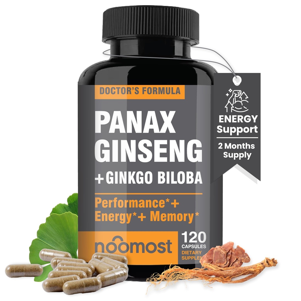 NooNajbolj avtentična korejska rdeča Panax ginseng + Ginkgo Biloba, 120 Veganske kapsule, izvleček ginsenga korenine v prahu 1000mg (10% ginsenoside) + Gingko Biloba 60mg, Energijske in fokus tablete za moške in ženske