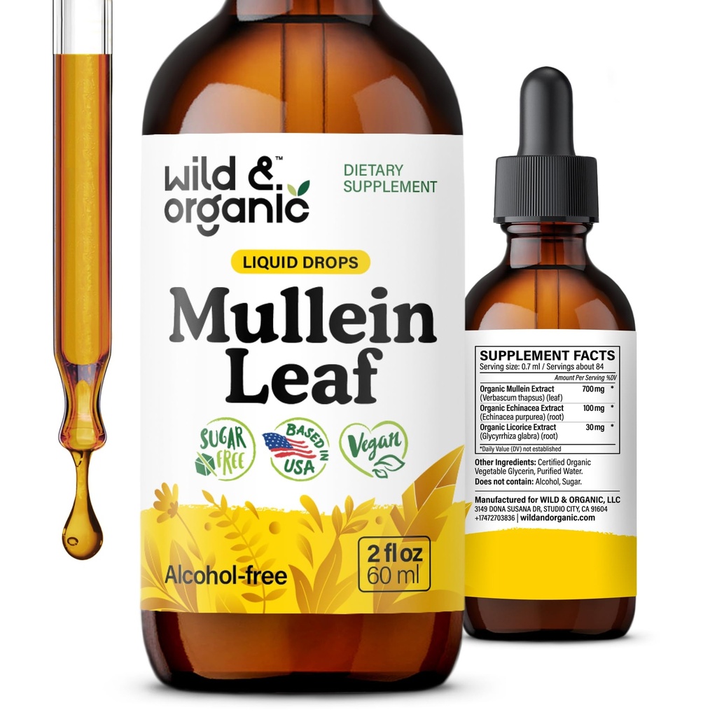 Wild & Organic Mullein kapljice za pljuča - Lung Detox in čiščenje - Liquid Mullein Leaf Tinkture z Echinacea & Licorice Root - Vegan, Sugar & Alkohol-free Extract dodatek - 2 fl oz