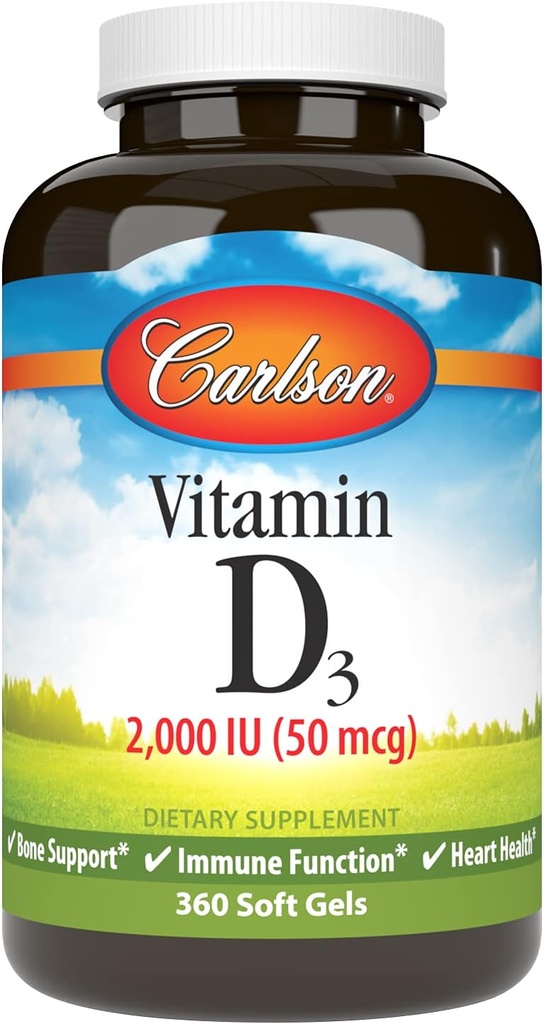 Carlson - Vitamin D3, 2000 i.e. (50 μg), zdravje kosti, zdravje mišic, holekalciferol, dodatki vitamina D, vitamin D3 Soft Gels, 360 Softgels