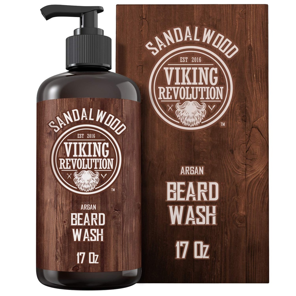 Viking Revolution Beard Wash Shampoo w/Argan & Jojoba Oils - Softens & Krepi - Sandalwood Scent - 17 oz Shampoo