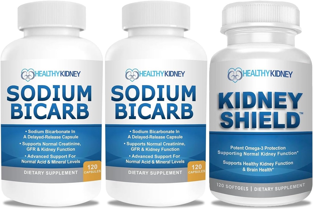 Natrijev bikarbonat 650 mg Kapsule za lajšanje kislosti, Alkalinity 120 Tablete 2-Pack + Ledvična ščitka 120 Kapice Ledvica dodatek za podporo normalno delovanje ledvic