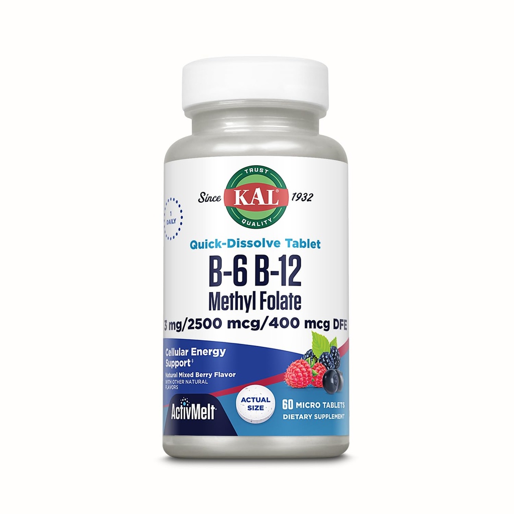 KAL Vitamin B-6 B-12 Metil Folate ActivMelt, Vitamin B dodatek, Zdravje srca, Energija in rdeče krvne celice Podpora z metil B12 in DFE Folna kislina, Natural Berry aroma, 60 Serving, 60 Micro Tabs