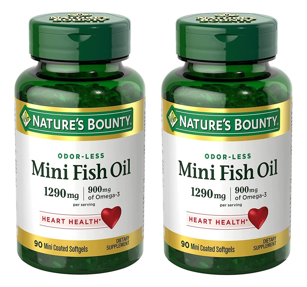 Narava Bounty Mini ribje olje Mehurčki 1290 mg, Omega-3, Podpira zdravje srca, Odor-Less, 90 Mini Prevlečeni softgels - Pakiranje 2