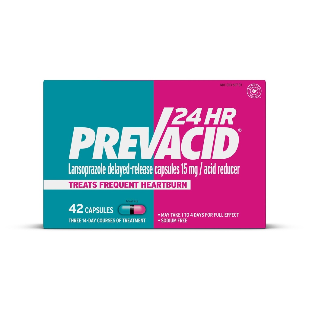 Prevacid 24HR Lansoprazol Zapoznele kapsule za sproščanje, 15 mg/Acid reduktor, zaviralec protonske črpalke (PPI) za lajšanje zgage, 42 število