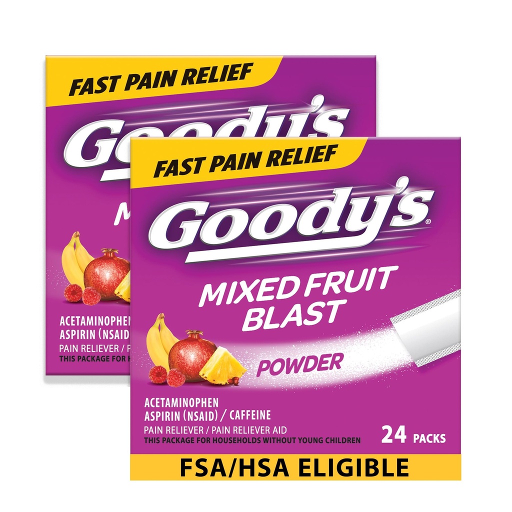 Goodyjevo dodatno moč glavobol v prahu, mešano sadje Blast Flavor Dissolve paketi, 24 posameznih paketov (2 pakiranje)