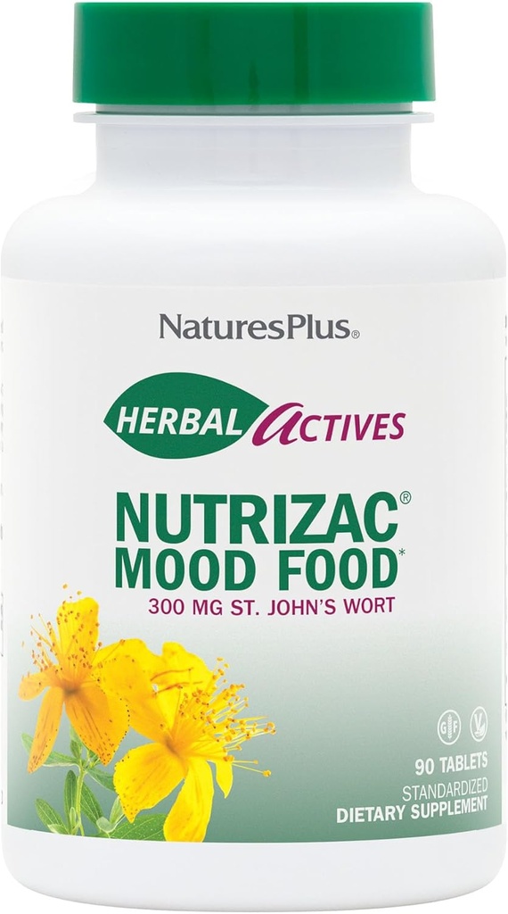 Natures Plus Herbal Actives NutriZAC Mood Food - 300 mg St Johns Wort, 90 Veganske bi-Layered tablete - Maksimalna moč naravna Mood Booster - Vegetarian, Gluten-free - 90 Serving