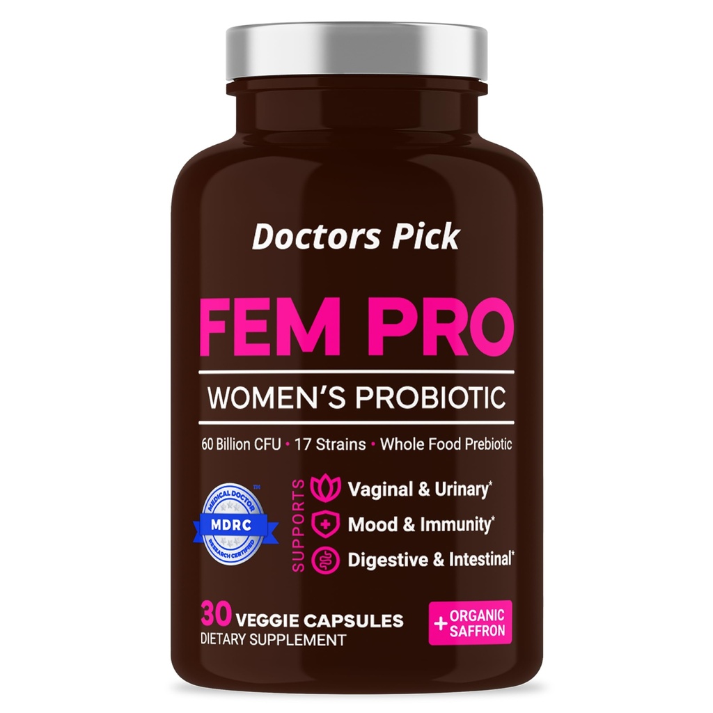 Fem Pro probiotiki za ženske. 17 Klinično učinkoviti sevi za vaginalno, prebavne in imunske podpore, Zdravje sečil, pH ravnovesje in razpoloženje. Organski prebiotik, 30 Veggie kapsul