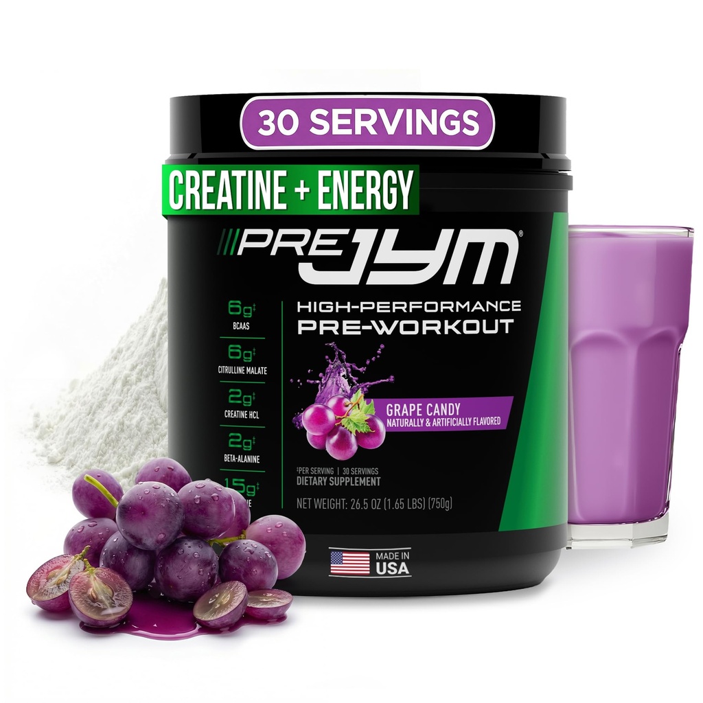 JYM Supplement Science Pre JYM Grape Candy Pre Workout Prašek za moške in ženske, BCAA, Nootropics, Creatine HCI, Citrulin, beta-alanin, betain, tavrin, huperzin, 30 Servingov