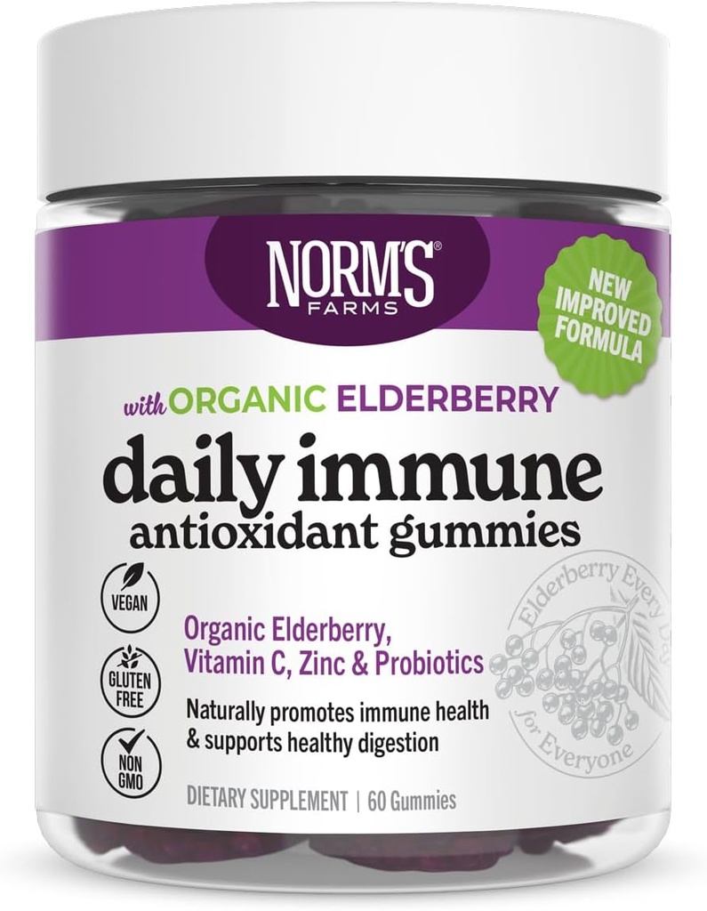 Norm's Farms Organic Elderberry Gummies - Daily Imunska podpora za odrasle in otroke z cinkom, DE111 probiotik, Vitamin C - Made in USA, 3. stranka Tested - Vegan, Gluten-free, Kosher, Non-GMO, 60 Gummies
