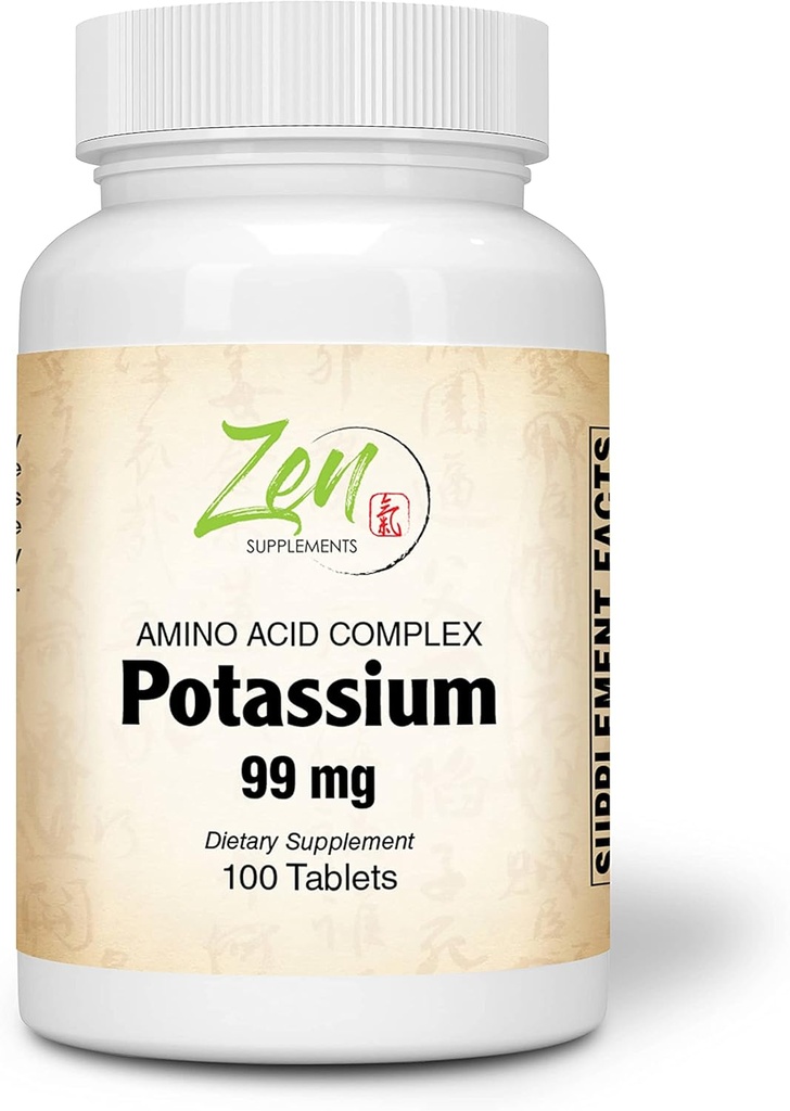 Zen Supplements - Kalij 99 mg (Amino Acid) 100-Tabs - Tekočina in elektrolit Balance Formula - Srce, Živčne in mišične funkcije Podpora