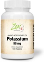 Zen Supplements - Kalij 99 mg (Amino Acid) 100-Tabs - Tekočina in elektrolit Balance Formula - Srce, Živčne in mišične funkcije Podpora