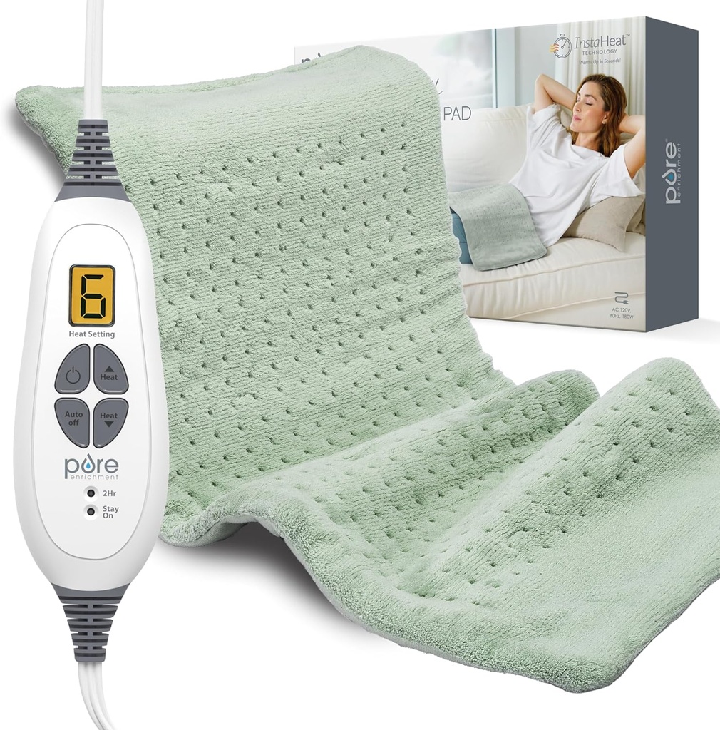 Pure Enrichment Purerelief XL Ogrevanje Pad - 12" x 24" Električni grelni pad za bolečine v hrbtu & Cramps, 6 Nastavitve toplote, FSA/HSA upravičen, Soft Machine Wash Fabric, Auto-Off & Moist Heat (Zen Green)
