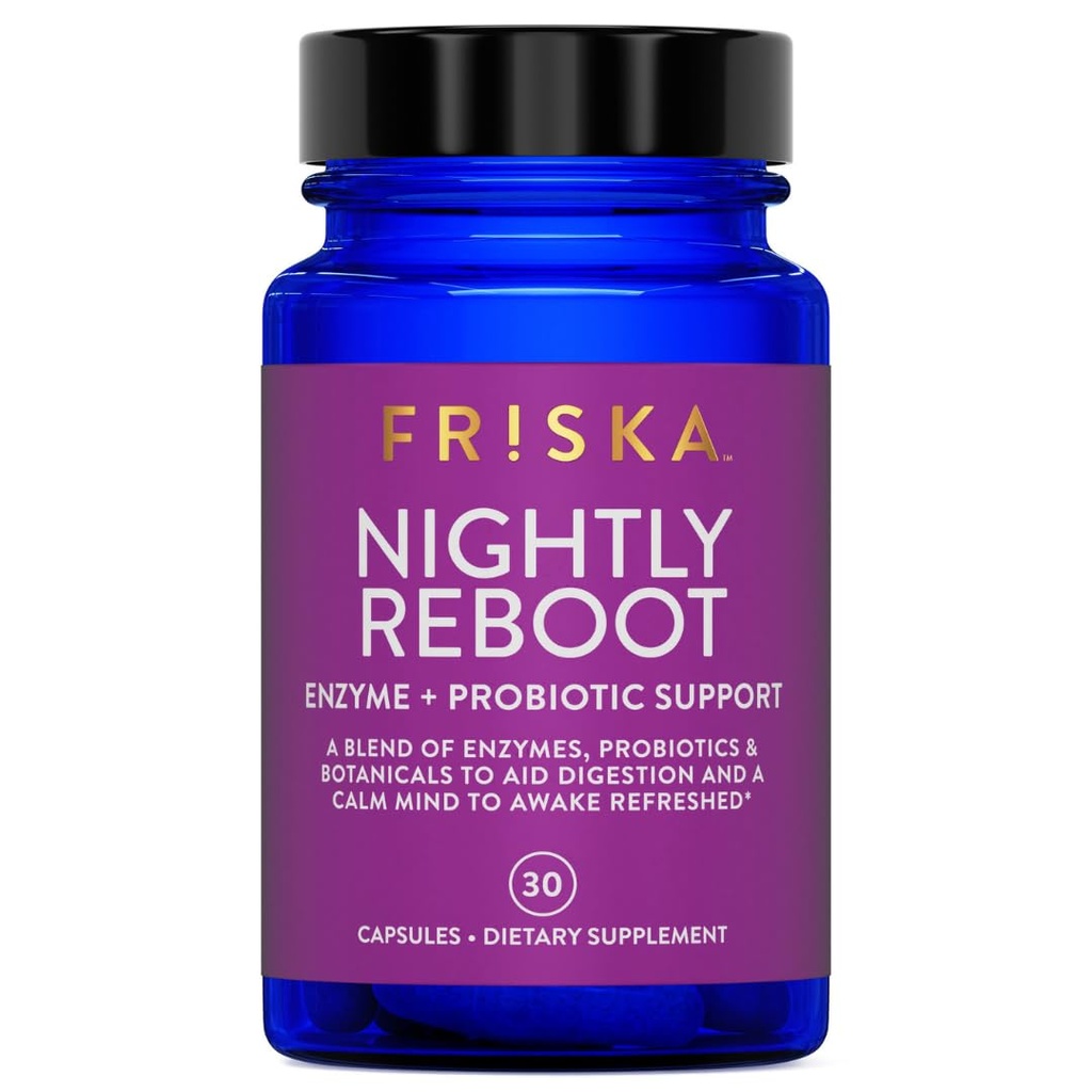 FRISKA Nightly ponovno zagon Enzyme in probiotiki dodatek, spodbuja boljše prebavljanje in spanje, podpira Gut zdravje za moške in ženske, melatonin, kamilice, 30 kapsul