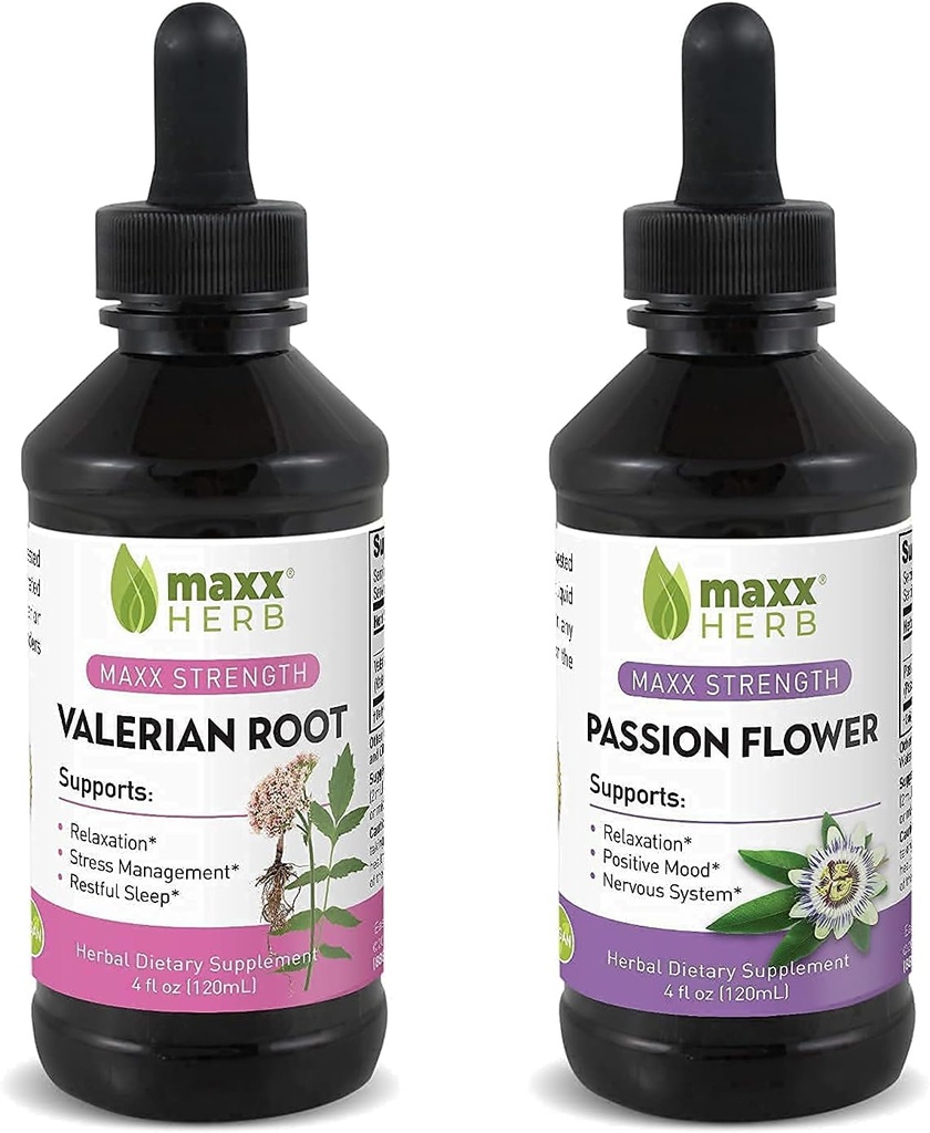 Boljši paket spanja - Maxx Herb Passion Flower Extract + Valerian Root Extract - za sprostitev in obvladovanje stresa, Alkohol-brez - (1 vsak) 4 Oz steklenica (60 strežbe)