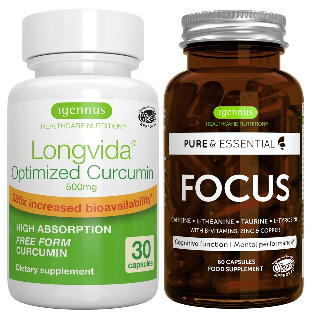 Longvida Lipidated Curcumin 500mg + Fokus Brain Booster Vegan Bundle, Ultra Biorazpoložljiv kurkumin + kofein, L-teanin, Taurin & L-tirozin, B-vitamini, cink in baker, ki jih Igennus