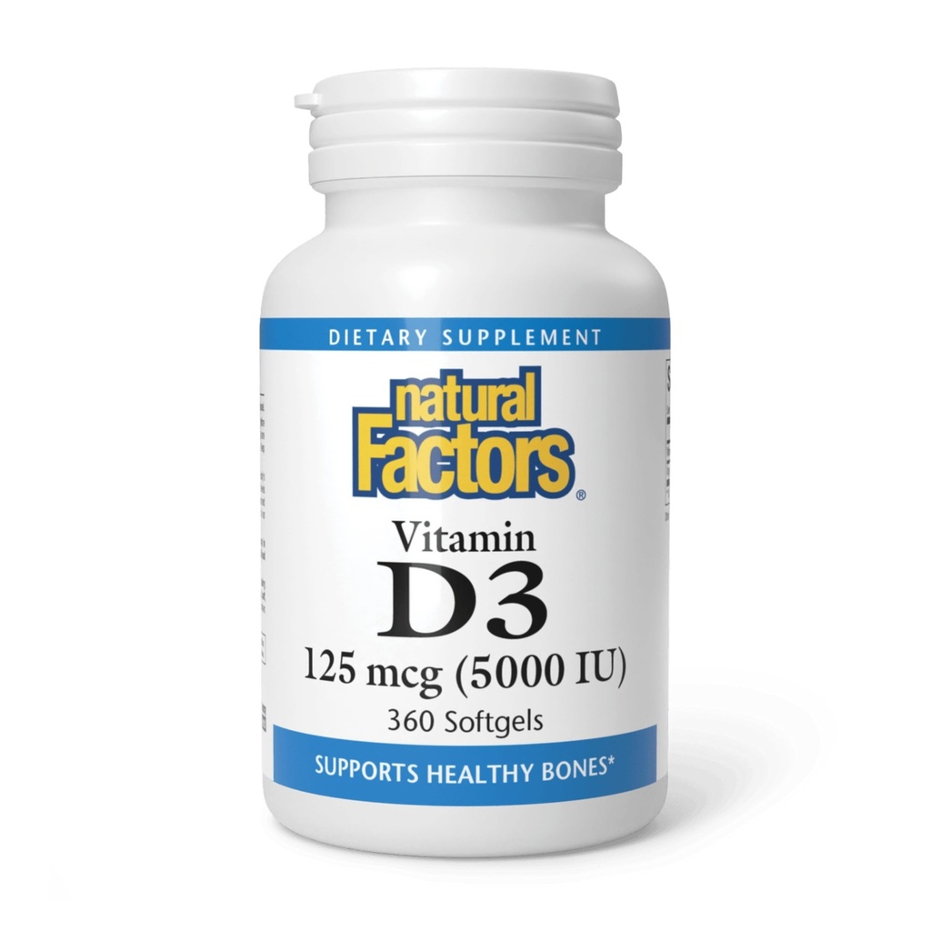 Naravni dejavniki, vitamin D3 5000 i.e. (125 μg), podpira močne kosti, mišice in imunske funkcije, 360 kapsul