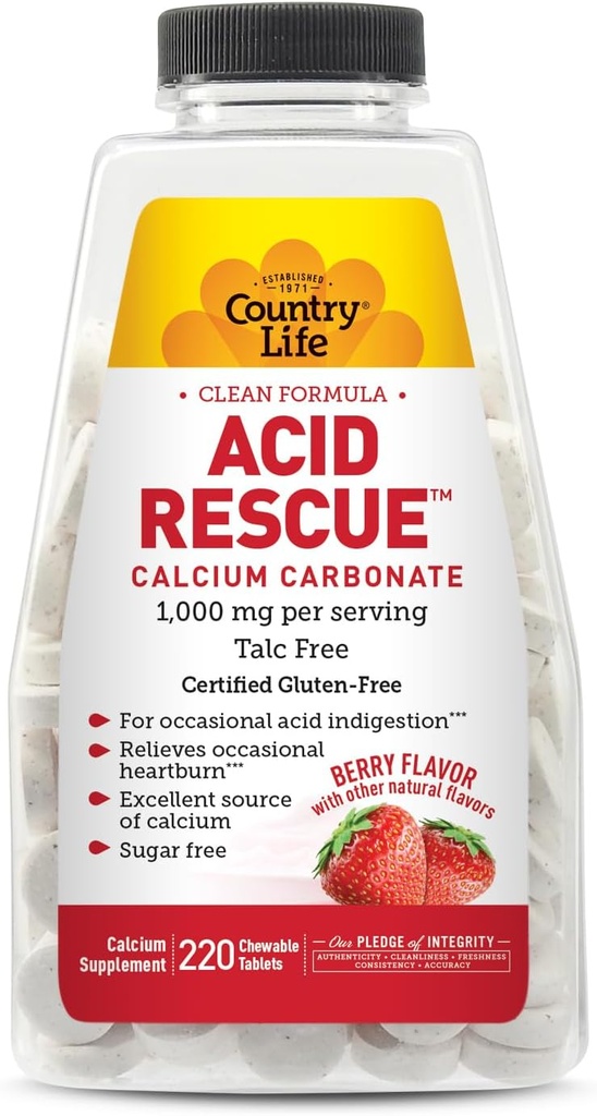 Država Life Acid Rescue Žvečljive tablete - Certified Vegan & Gluten-free zgago Relief, 400mg Kalcij & magnezij, Ne-GMO, Sladkor-free Mint Flavor, Podpira zdravje kosti, 220 Število