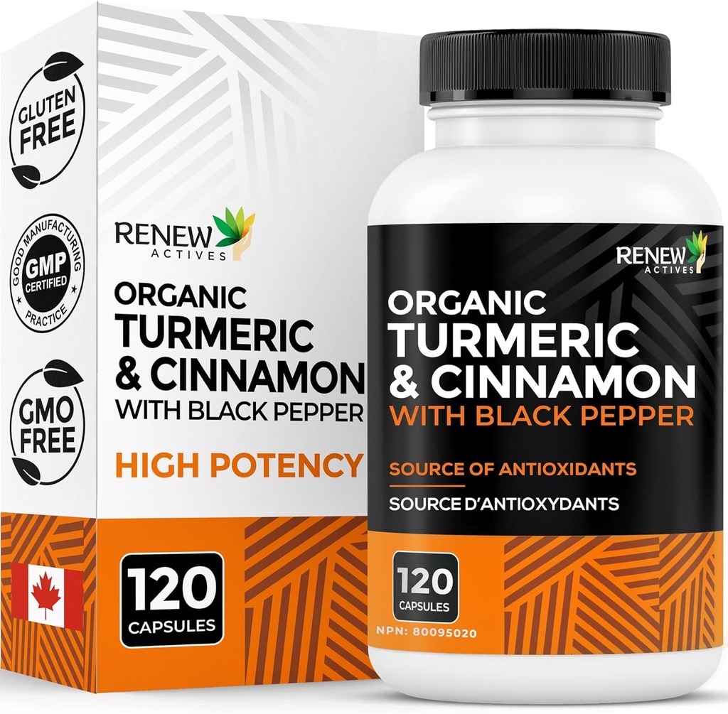 Renew Actives Organic Curmeric 474MG & Cinamon 50MG na 2 kapsuli – s kurkumin & BioPerin za absorpcijo – podpira presnovo, skupno zdravje in prebavo – Izdelano v Kanadi – 120 kapsul