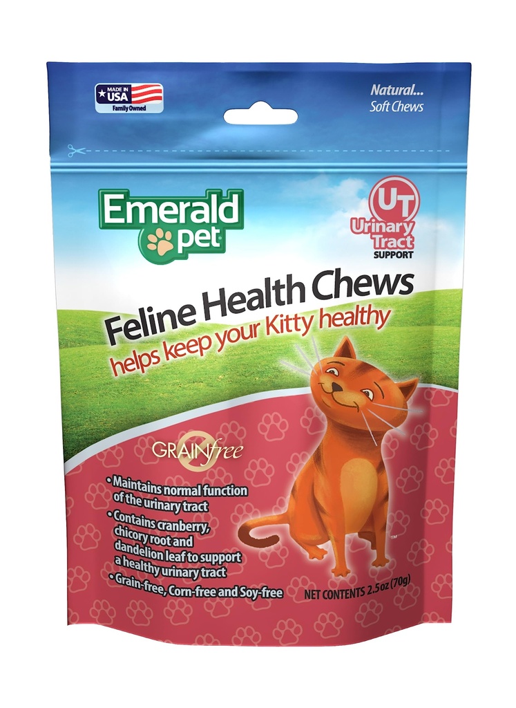 Emerald Pet Feline Health Chews UT Support — Natural Grain Free Urical Tract Health Cat Chews – Mačji urinski dodatki z brusnico, koreniko in izvlečekom Dandelion Leaf – Made in USA, 2.5 oz
