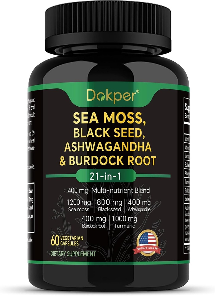 Sea Moss, Ashwagandha, Black Seed Oil Supplement, Vitamin C & D3 s kurkuma, Bladderwrack & Burdock koren, naravna zeliščna podpora za moške in ženske 60 kapsul, Prehranske dopolnila, Pakiranje 1