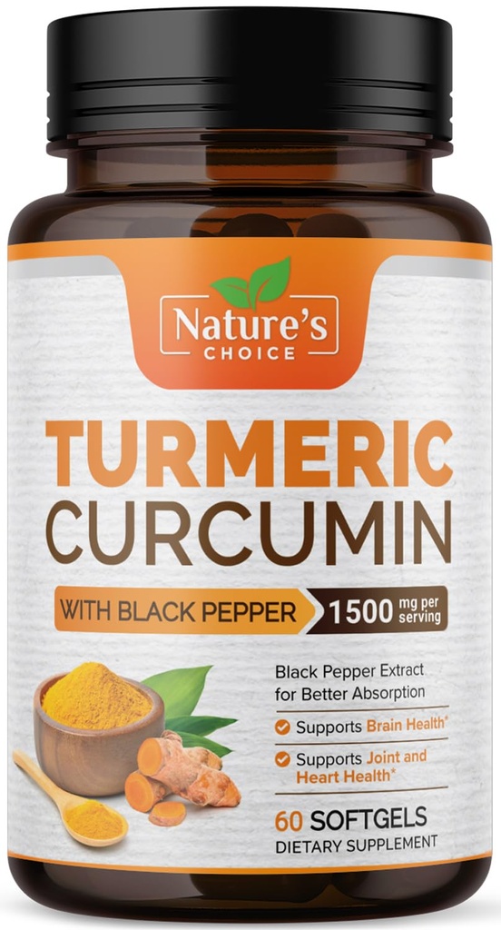 Kurkumin Dodatek 1500mg - BioPerin črni poper Ekstrakt Napredna absorpcija Kurkuminoidi za skupno podporo narave - Antioksidant zeliščni dodatek za ženske in moške, Non-GMO - 60 Softgels