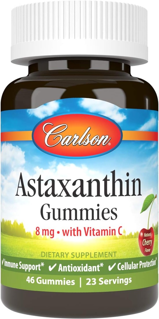 Carlson - Astaksantin Gumies, z vitaminom C, Imunska podpora, Antioksidant, zdravje srca, Non-GMO, Cherry Flavor, 46 Vegetarian Gumies