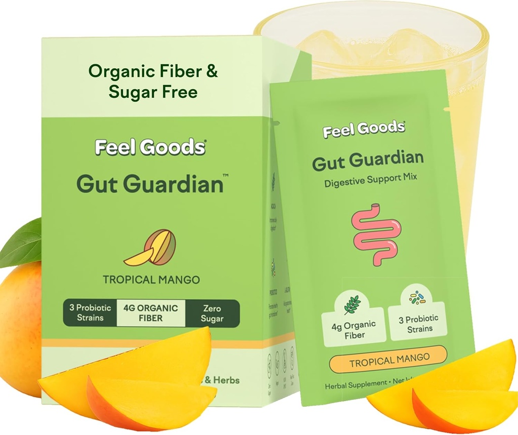 Feel Goods Gut Gut Guardian, Organic Fiber, Probiotic & Prebiotic Powder, Sugar Free, Herbs for Bloat, Gut Health Support, Digestive Health za moške in ženske, Non GSO, Vegan, Tropical Mango, 15 Servings