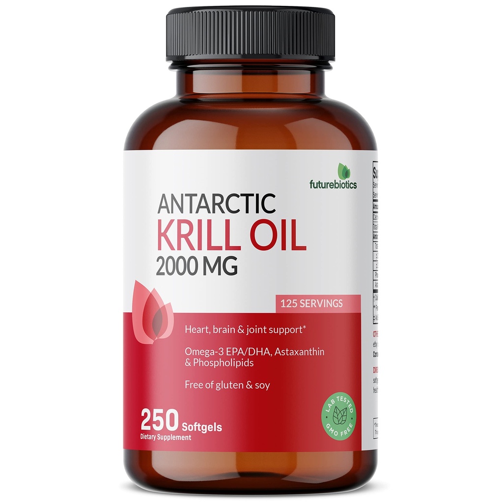 Futurebiotics Antarktika Krill Oil 2000mg z Astaksantin, Omega-3s EPA, DHA in fosfolipidi - 100% Pure Premium Krill Oil Heavy Metal Tested, Non GSO – 250 Softgels