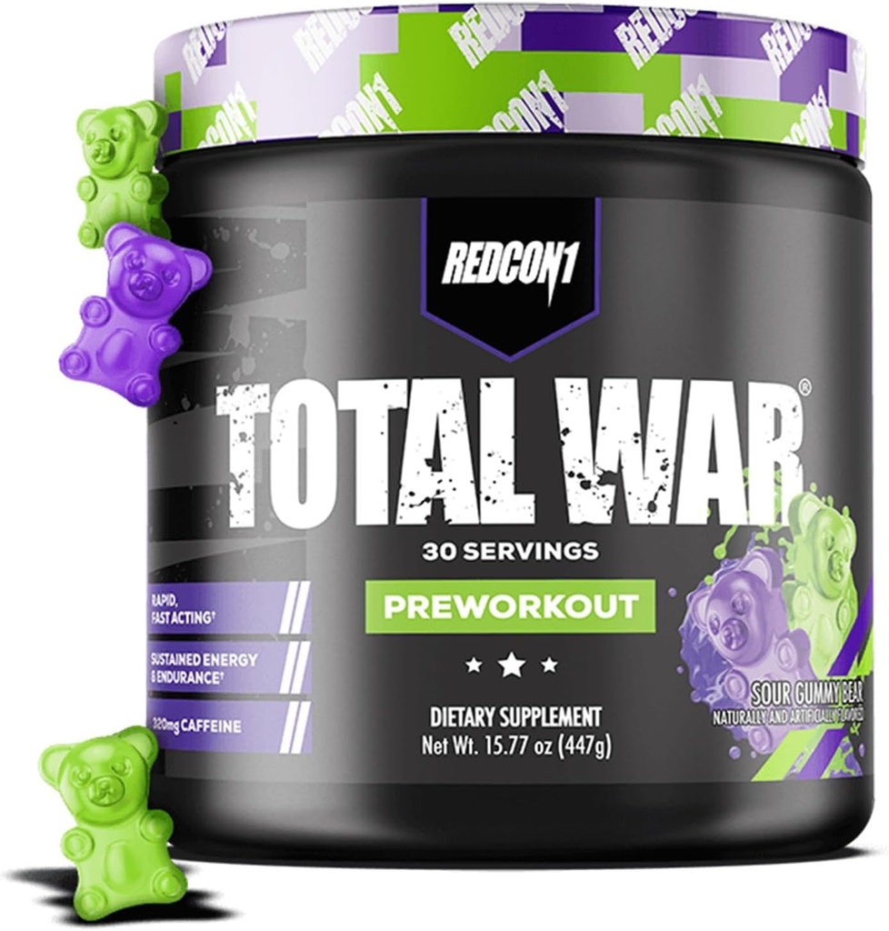 REDCON1 Skupna vojna pred vadbo, Sour Gummy Bear - vsebuje 320mg kofeina iz zelenega čaja, Juniper & Beta Alanin - Preddelajte z aminokislinami za povečanje črpalke, energijo + vzdržljivost (30 strežajev)