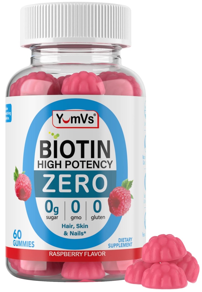 Biotin Gummies Sugar Free – 5000 mcg Visoka moč Biotin za lase, kože in nohte – Nič sladkorja, Non-GMO, Gluten Free, Vegan Raspberry Gummies – 60 Count