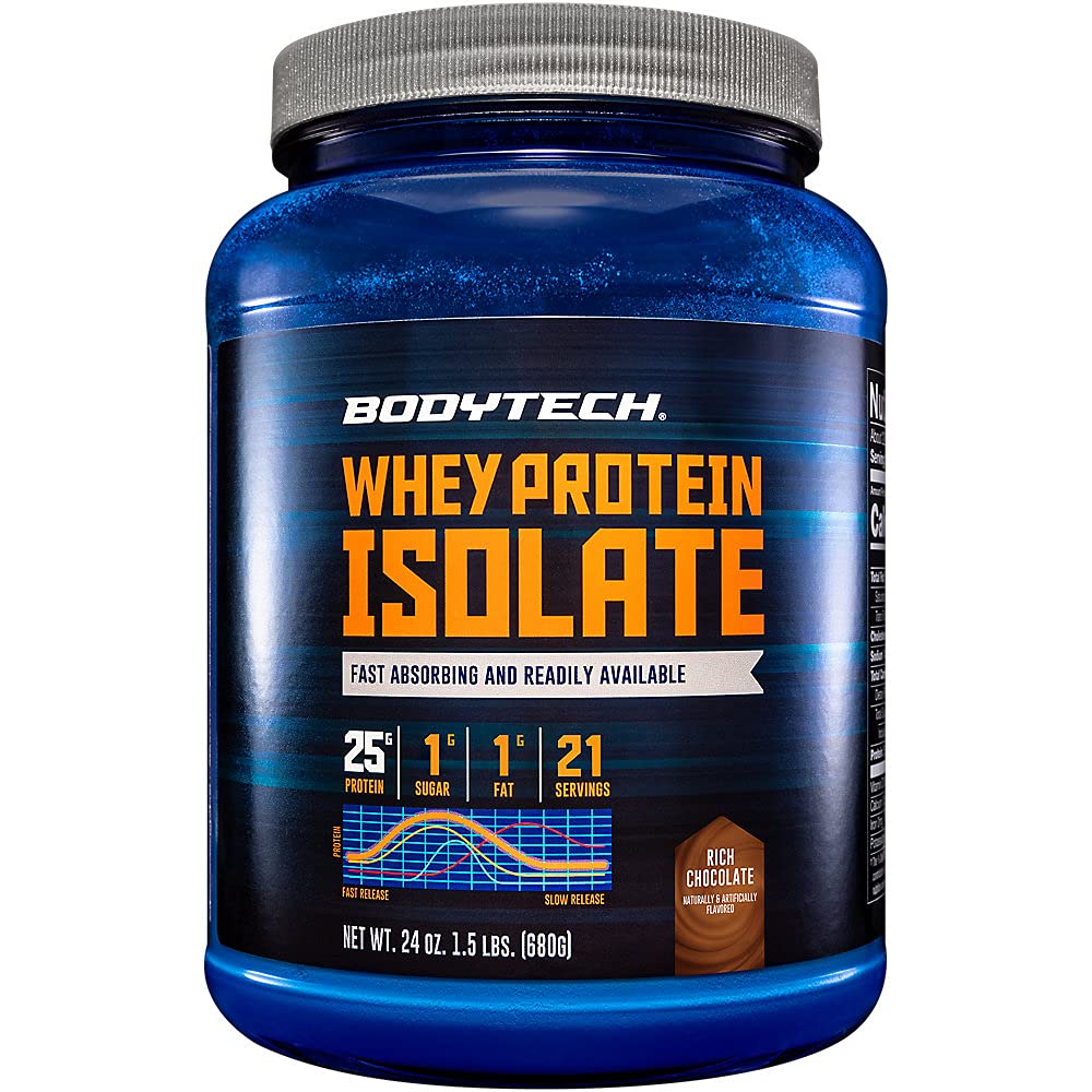 BODYTECH Whey Protein Isolate Powder - 25 Gram beljakovin na strežbo, Idealno za izgradnjo in rast mišic po delovnem času, bogata čokoladna aroma, Vsebuje mleko in sojo (1,5 funta/ 21 obrokov)