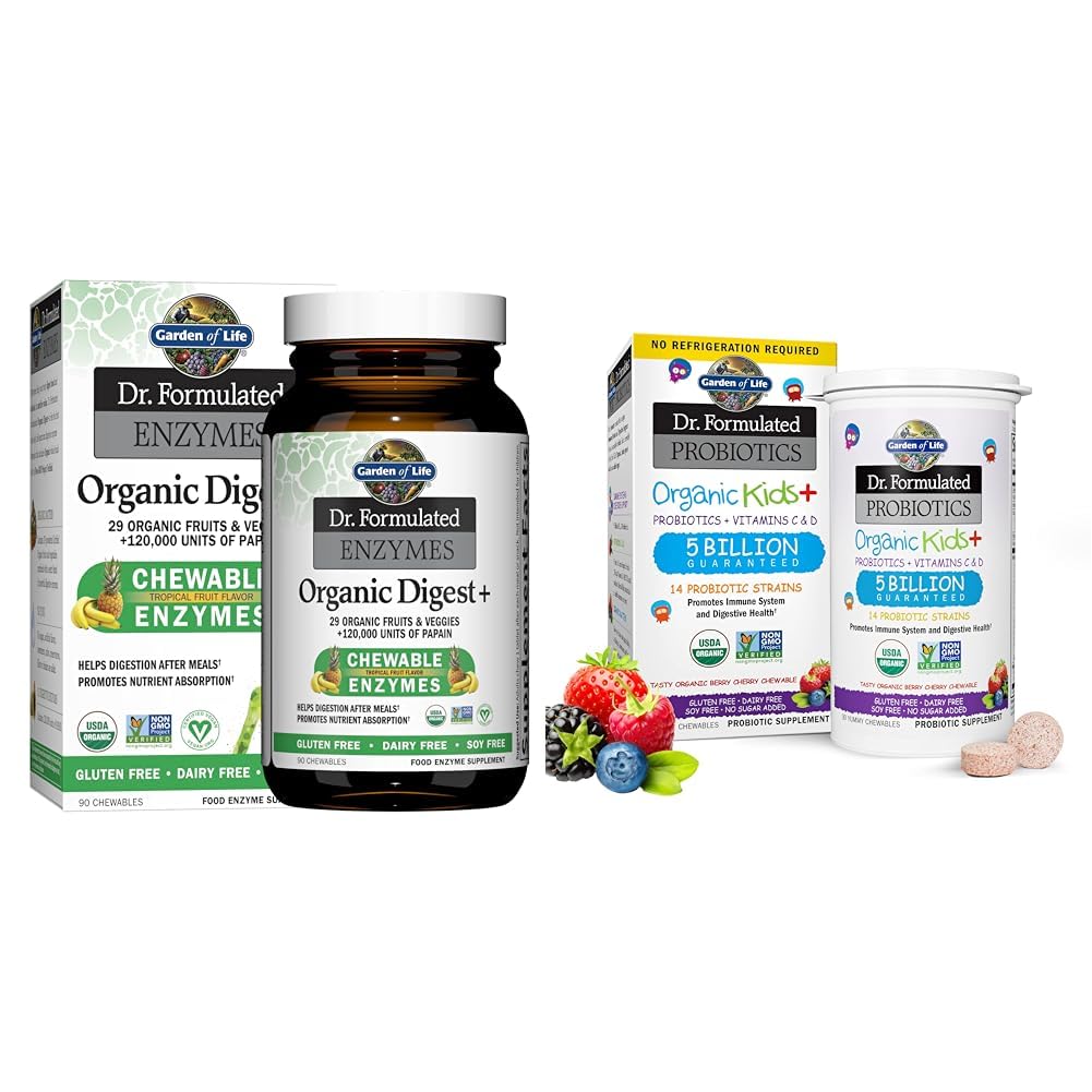 Vrt življenja Dr Formulirani prebavni encimi z Papain, Bromelain & Dr. Oblikovani probiotiki Organic Kids+ Plus Vitamin C & D - Berry Cherry