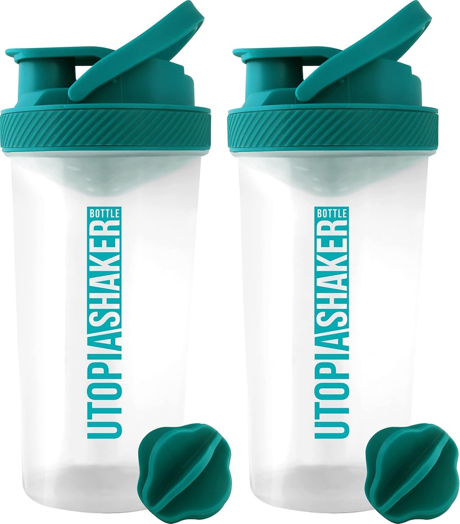 Utopija Domov Beljakovine Shaker steklenica - (Pack of 2) 28-Ounce Shaker steklenice za mešanice beljakovin - Fitness Sports Classic Protein Mixer Shaker Steklenica (Clear/Teal)