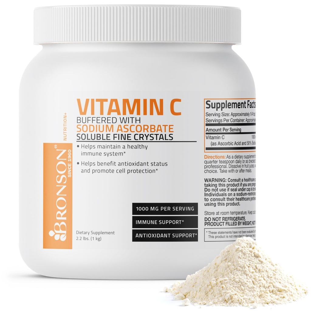 Bronsonov pufer vitamin C v prahu Askorbinska kislina, pomešana z natrijevim askorbatom Topni fini kristali – spodbuja zdrav imunski sistem in zaščito celic – močan antioksidant - 1 kilogram (2,2 Lbs)