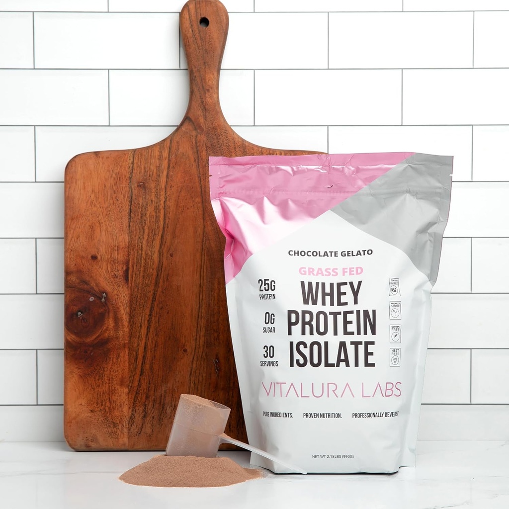 Vitalura Labs Grass-Fed Whey Protein Isolate - Protein 25g (DV 50%) Per Serving - 100% Whey Isolate - NSF Content Certified - Chocolate Gelato Flavored - Brez polnil - enostavno prebavljanje - 30 Servisi