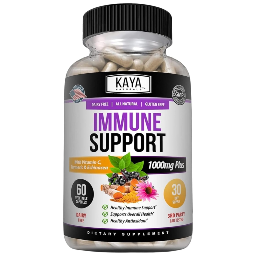 Kaya Naturals Elderberry Immune Support, Bezgove jagode z cinkom in vitaminom C za odrasle vitamine, probiotike in kurkuma 1000mg booster imunskega sistema Sambucus kapsule - 60 število