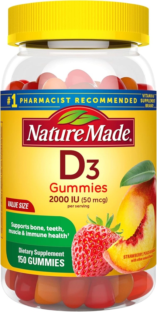 Vitamin D3, 150 Gumijev, vitamin D 2000 i.e. (50 μg), vitamin D Gumijev za odrasle pomaga pri podpiranju imunskega zdravja, močnih kosti in zobovja, in mišične funkcije, 250 % dnevne vrednosti za vitamin D